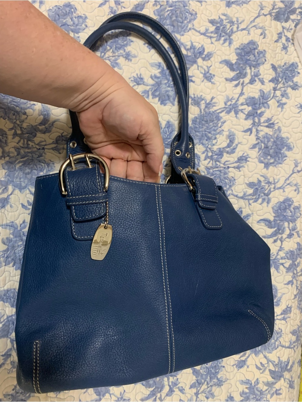 Tignanello Deep Blue Leather Shoulder Bag with Buckle Accents - Picture 2 of 5